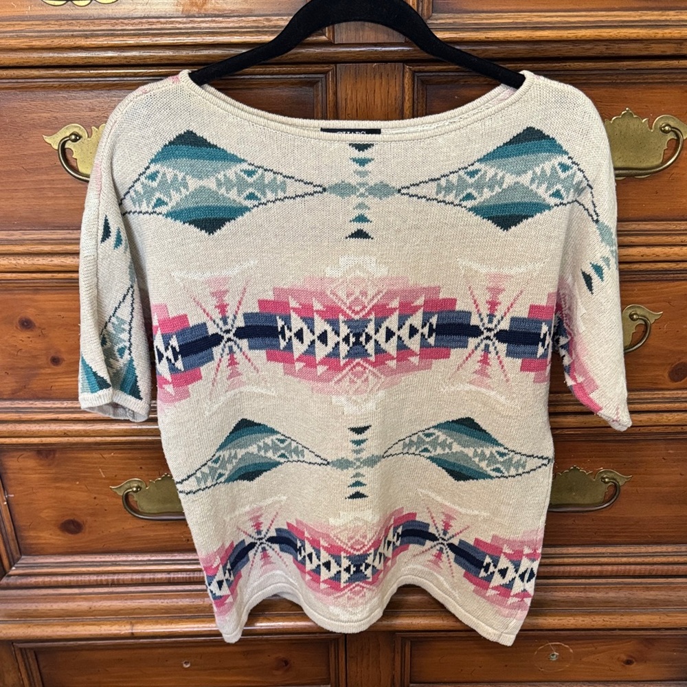 Chaps Petite Knit Sweater with Teal and Cream